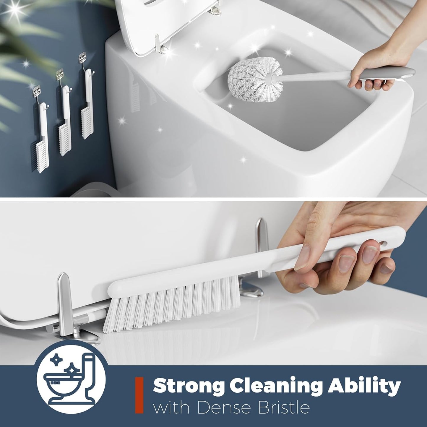 Toilet Brush, 3 Pack Toilet Brush and Holder Set Bathroom Accessories, Toilet Bowl Brush and Holder with 3 Crevice Brush for Bathroom, Toilet Scrubber Brush (White)