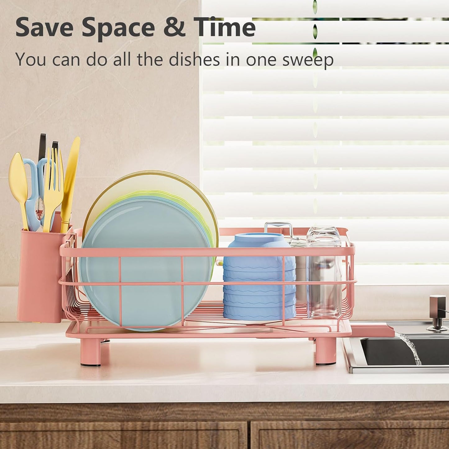 Iron Dish Drying Rack Auto Drain Dish Drainers Kitchen Counter Strainer with Draining Tray, Pink