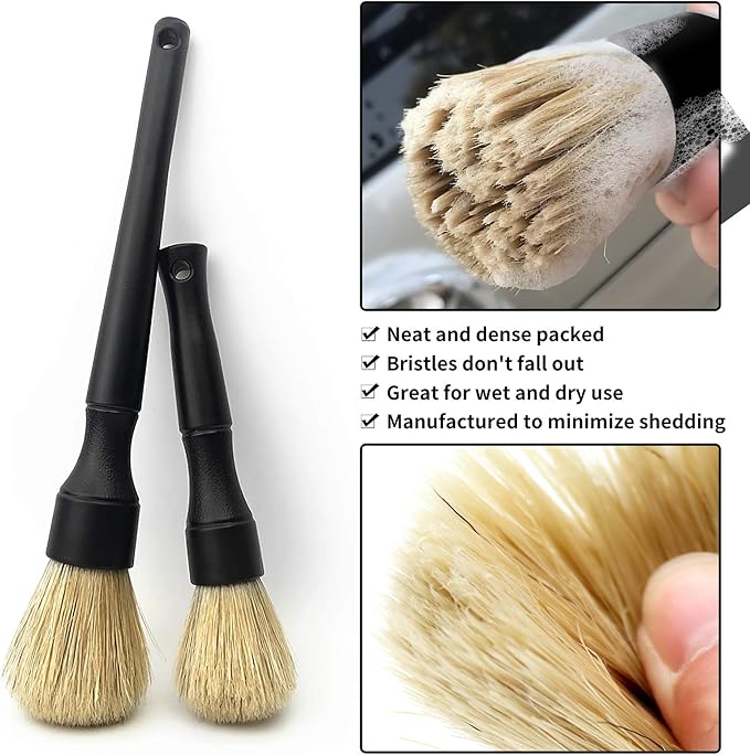 Car Detailing Brush Kit - Auto Detail Brush Set Interior Exterior No Scratch Boar Hair Detailing Supplies for Cleaning Air Vent Engine Bay Dashboard Seat Wheel(2 Pack)