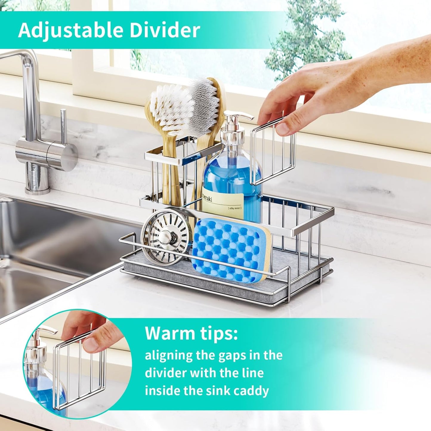 HapiRm Sink Caddy Sponge Holder - Kitchen Sink Organizer with Instant Drying Stone and Brush Holder, Stainless Steel Sponge Caddy for Kitchen Countertop - Silver