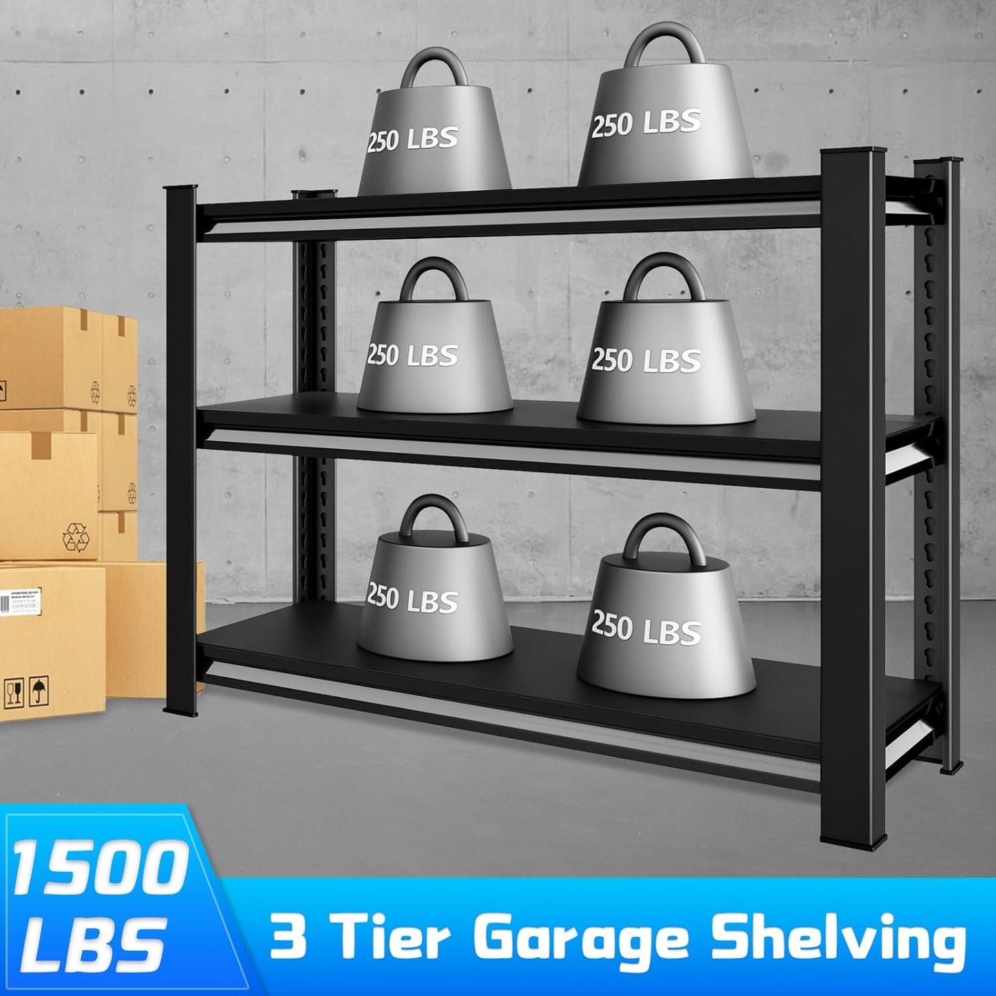 40" W Garage Shelving Heavy Duty，1500LBS Loads Adjustable Garage Storage Shelves,3-Tier Metal Storage Racks and Shelving Units, Utility Rack Shelves,40”W x 18”D x 36”H,Black