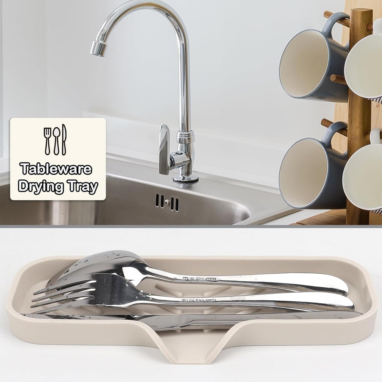 YASMEN Silicone Bathroom Soap Dishes, Sink Sponge Holder for Kitchen, Rubber Soap Dish with Drain, Shower Soap Sponge Tray, Sink or Counter Organizer, for Bar Soap, Bottle, Dish Soap Dispenser-Tapioca