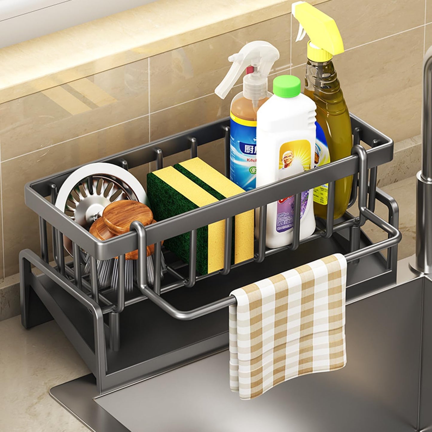 Sponge Holder for Kitchen Sink, Sink Caddy with Dishcloth Rack, Kitchen Sink Storage Rack Organizer Countertop Rustproof, Soap Dispenser Organizers and Storage Essentials