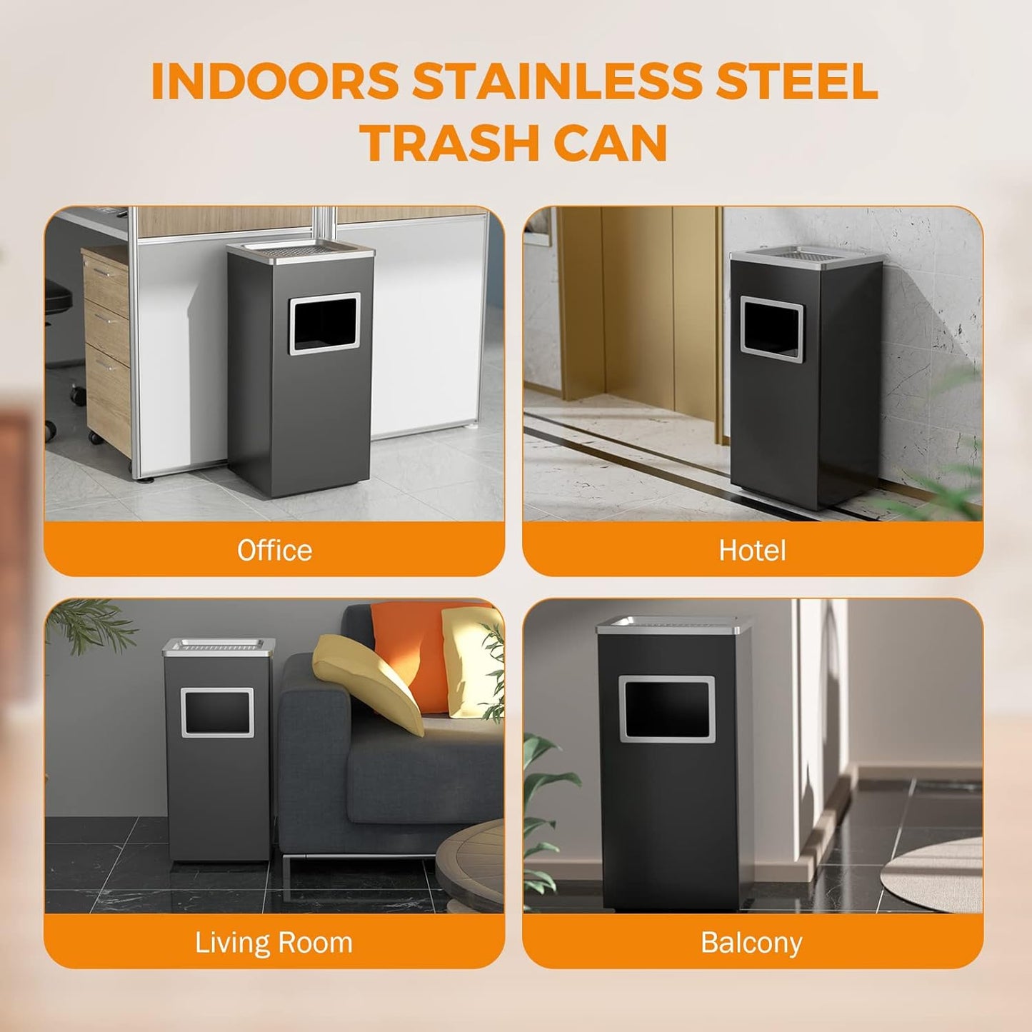BEAMNOVA Trash Can Indoor Outdoor Black Stainless Steel Commercial Garbage Can Industrial Garbage Enclosure Inside Cabinet with Lid Waste Container, Black, 31 * 25 * 61 cm / 12.2 * 9.8 * 24 in