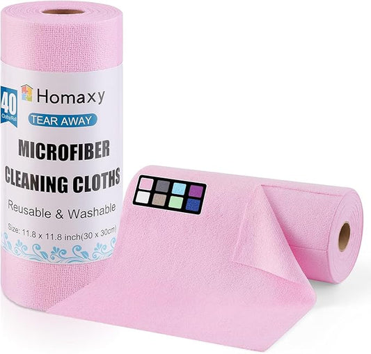 Homaxy Tear Away Dish Cloths Rolls, 40 Sheets-11.8" X 11.8", Reusable Washable Dish Towels for Kitchen, Ultra Absorbent and Quick Drying Microfiber Cleaning Rags, Pink