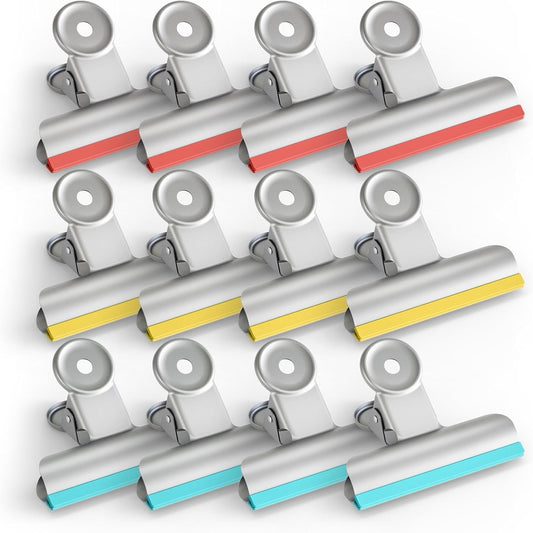 HOUSE AGAIN 12 Pack Stainless Steel Chip Bag Clips Covered with Silicone NO More Sharp Edges, Bulldog Clips for Food Bags Air Tight Seal, Heavy Duty Binder Paper Clips for Kitchen and Office, 3 Inches