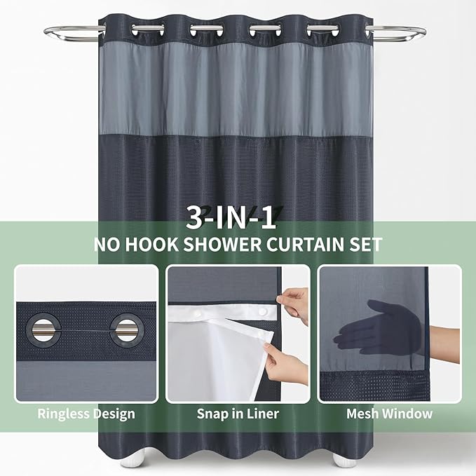 Stall No Hook Shower Curtain with Snap-in Fabric Liner Set,Waffle Weave Shower Curtains for Bathroom,Hotel Luxury Decor Bathroom Curtain Set,Waterproof & Washable,Navy,54Wx80H