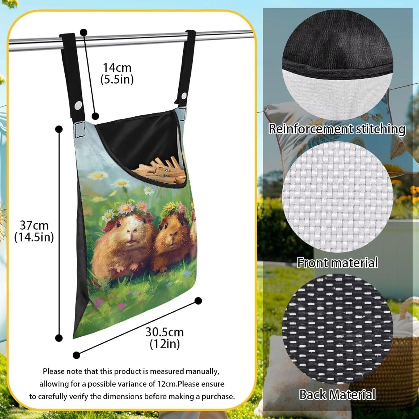 Guinea Pig Clothespin Bag Space-Saving Laundry Hanging Storage Organizer Clothes Pin Hanging Bag with Rope Holds 100 Clothes Pins for Clothesline Outdoor Portable Clothespin Storage