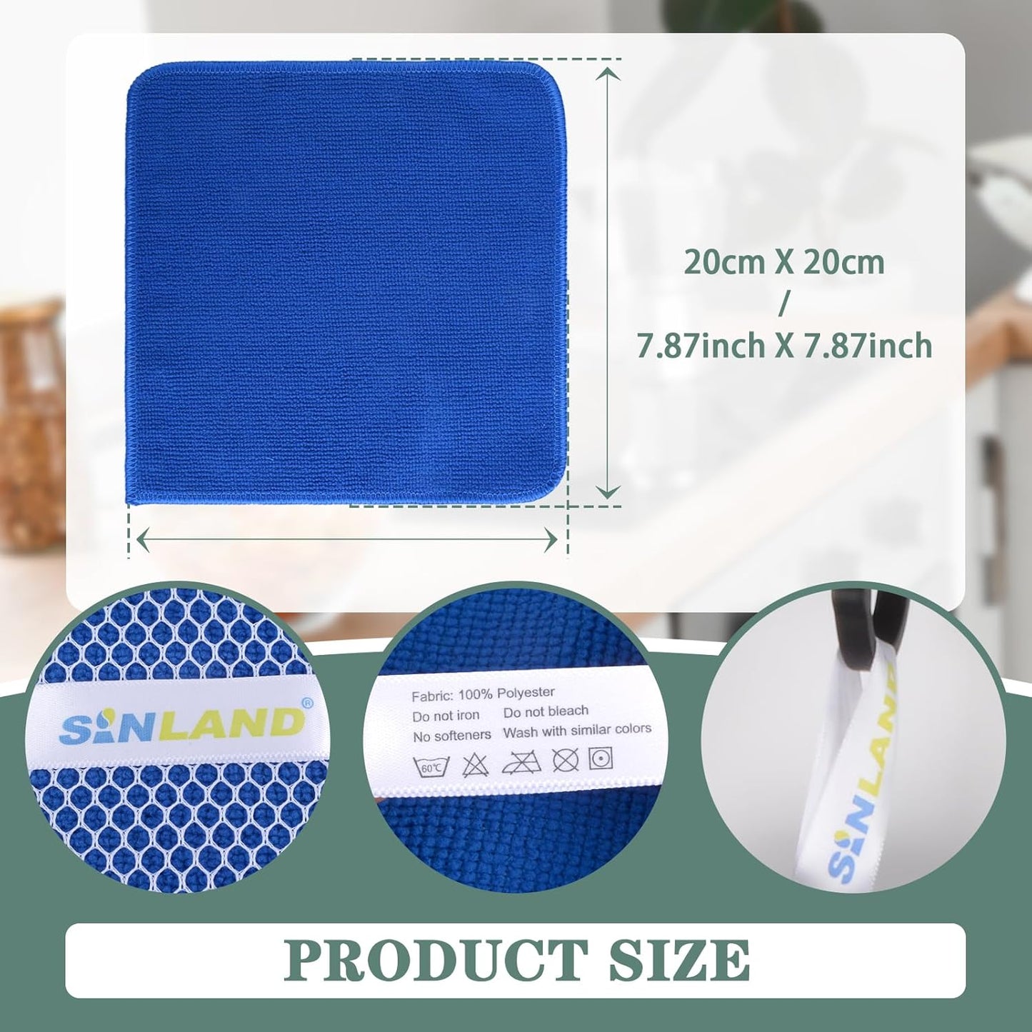 SINLAND Absorbent Microfiber Dish Cloths for Washing Dishes Best Kitchen Cloths Cleaning Cloths with Poly Scour Side 7.87Inchx7.87Inch 10 Pack Dark Blue