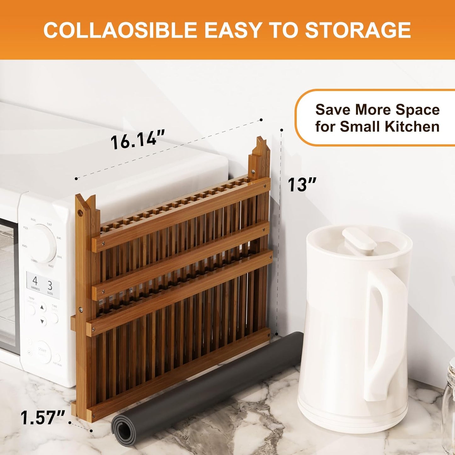 Greenual Teak Dish Drying Rack with Utensil Holder, 2 Tier Collapsible Dish Rack, Wooden Dish Racks for Kitchen Counter, Folding Drying Holder with Absorbent Dish Drying Mat