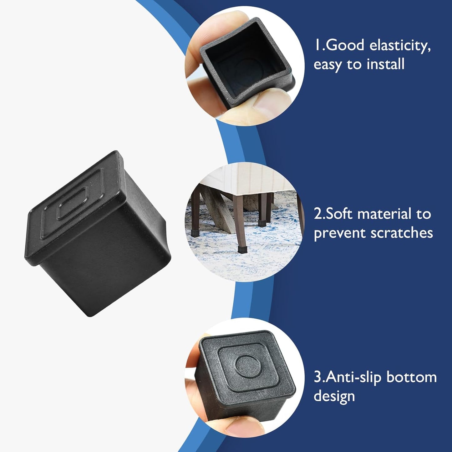 4 Pcs 1-3/4" x 1-3/4" Square Rubber Chair Leg Caps, PVC Table Leg Covers, Flexible & Anti-Slip Furniture Leg End Caps, Chair Leg Floor Protectors for Bar Stool Leg Patio Indoor, Black