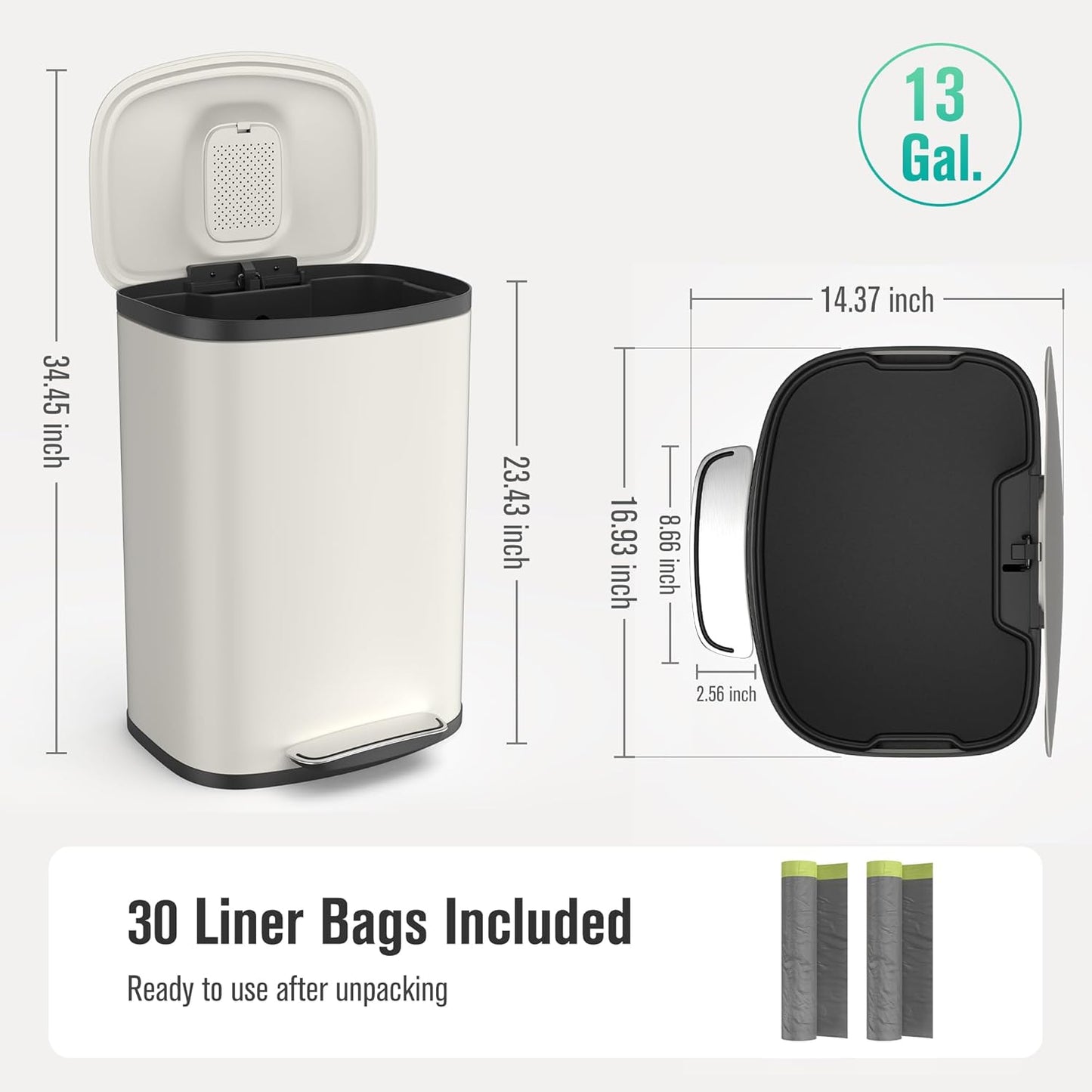 13 Gallon Stainless Steel Foot Pedal Large Trash Can with Soft Close Quiet Curved Surface Top Lid and Deodorant Storage Space, with 30 Garbage Bags for Kitchen/Home/Office Trash can and More - White