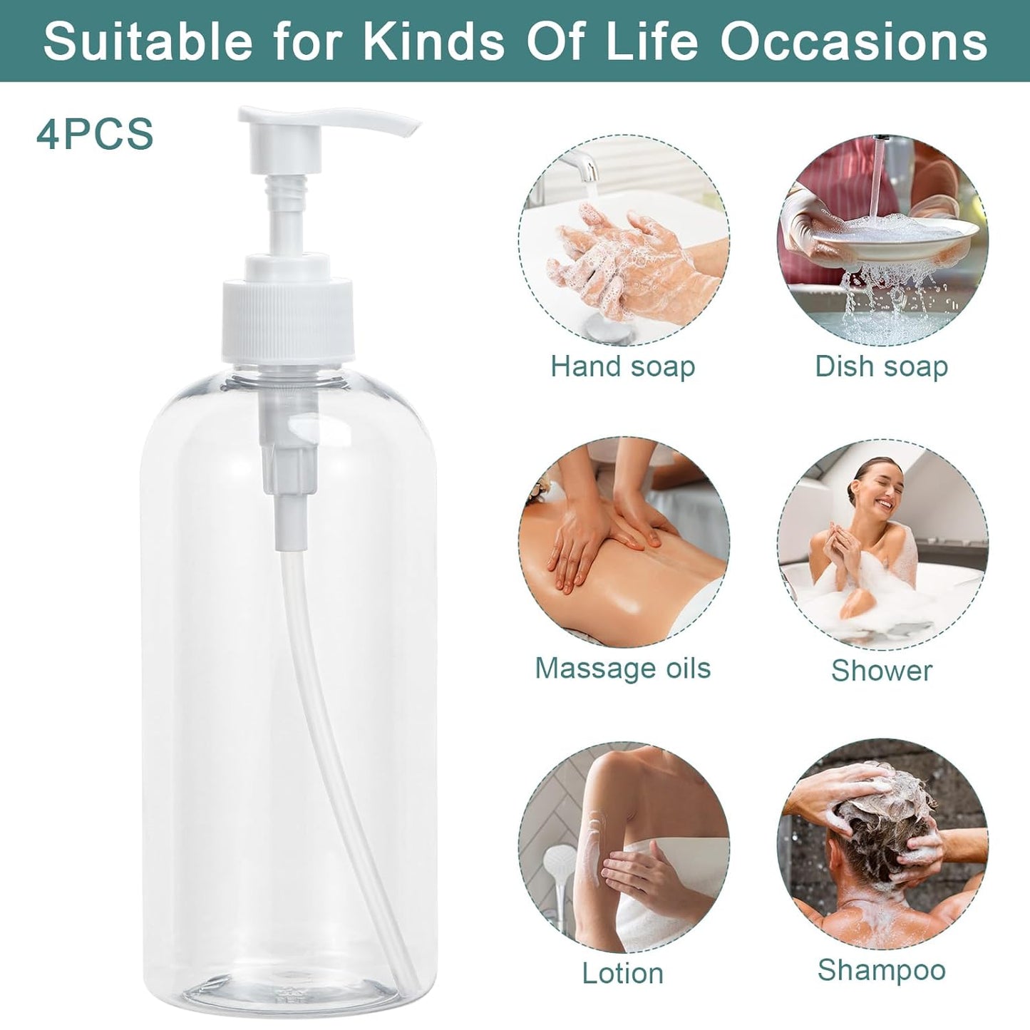 Yebeauty Plastic Pump Bottle, 4 Pack 17oz/500ml Stylish Shampoo Bottles Refillable Hand Soap Dish Soap Dispenser with Press for Massage Oil, Liquid Hand, Clear