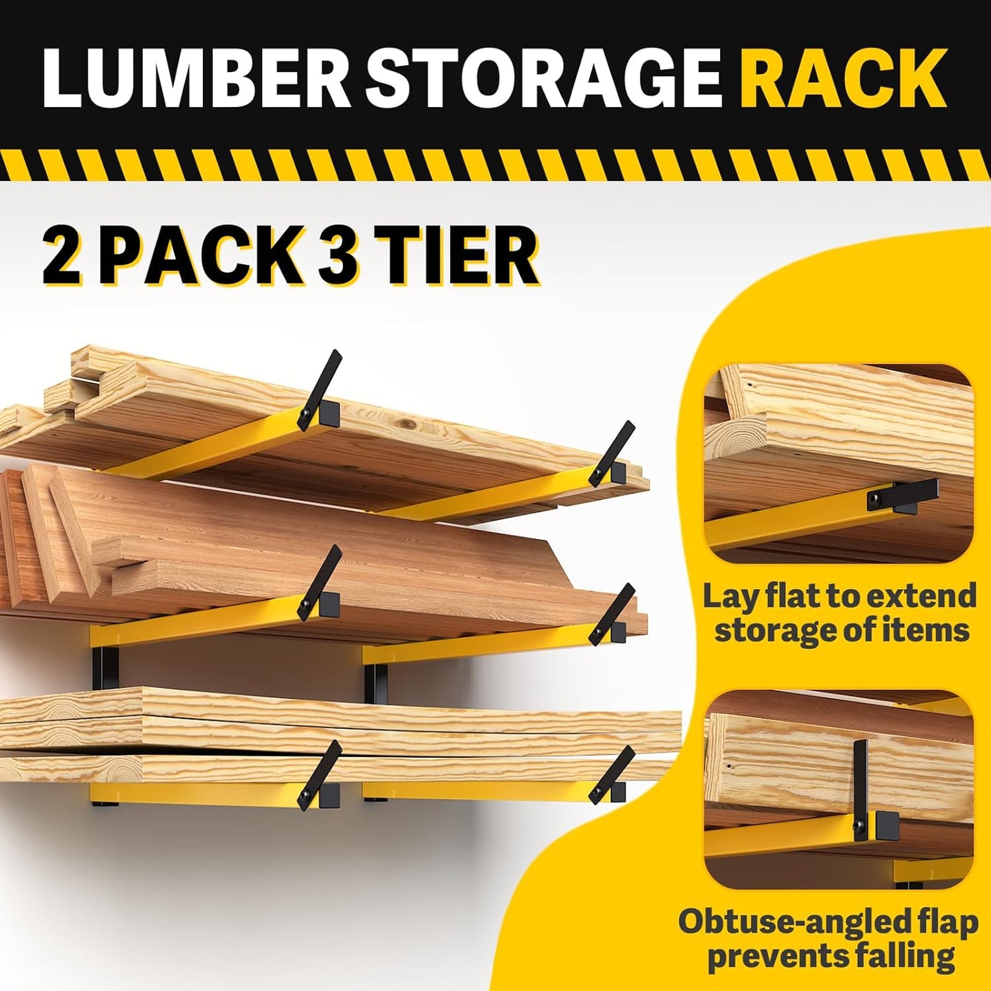 GREENER Lumber Storage Rack Folding Wood Storage Racks Wall-Mounted Metal Racks for Storage with 3-Level Heavy Duty Garage Wood Organizer for Woodworking Shop Indoor & Outdoor Use, 2 pairs,Yellow