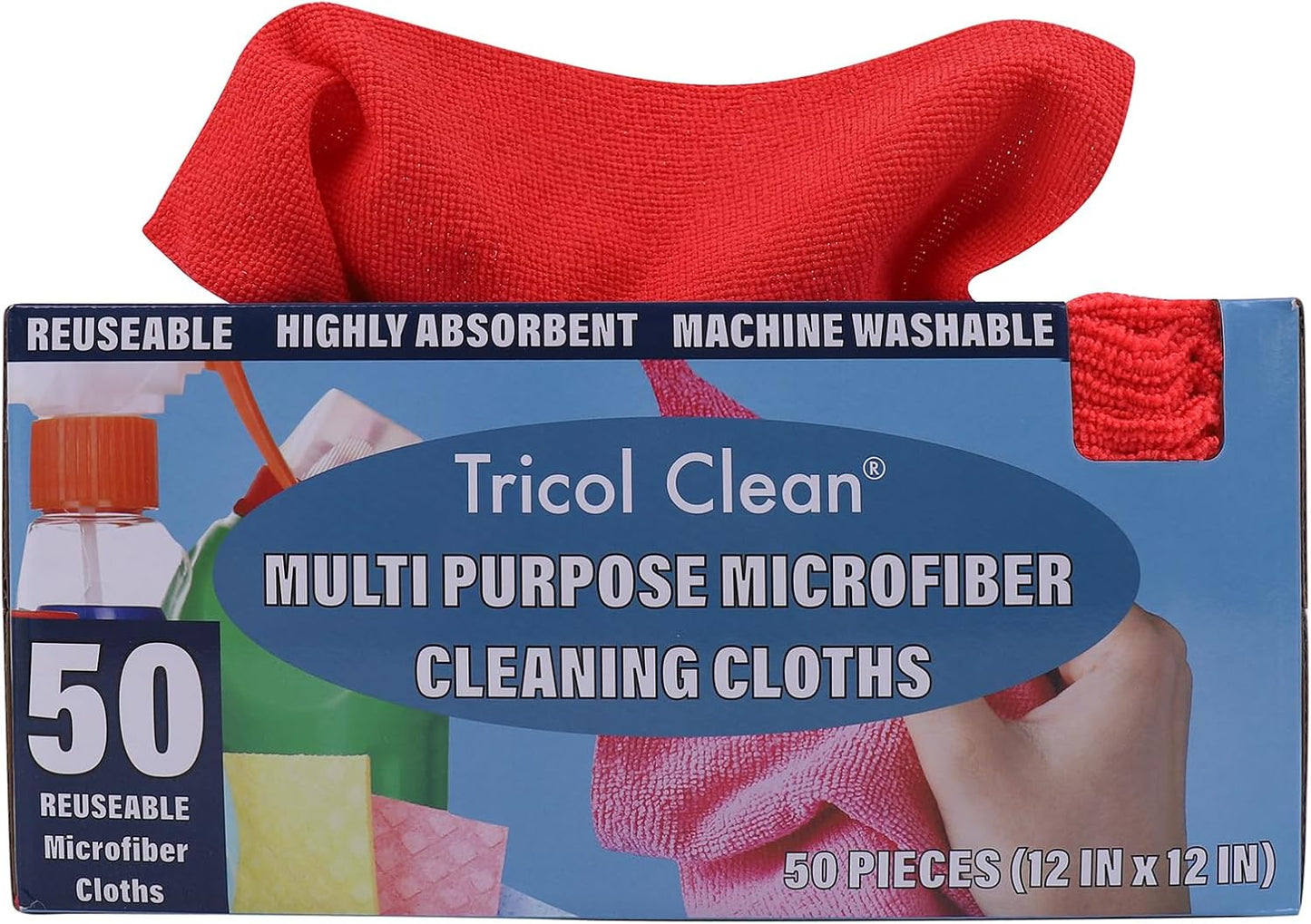 Tricol Clean Profesional Resuable Lint Free Microfiber Edgeless Cleaning Cloth 50PK Cleaning Rags,Absorbent Microfiber Wipes in Dispenser Box for Housekeeping, Car Cleaning (12 * 12 Inches) (red1)