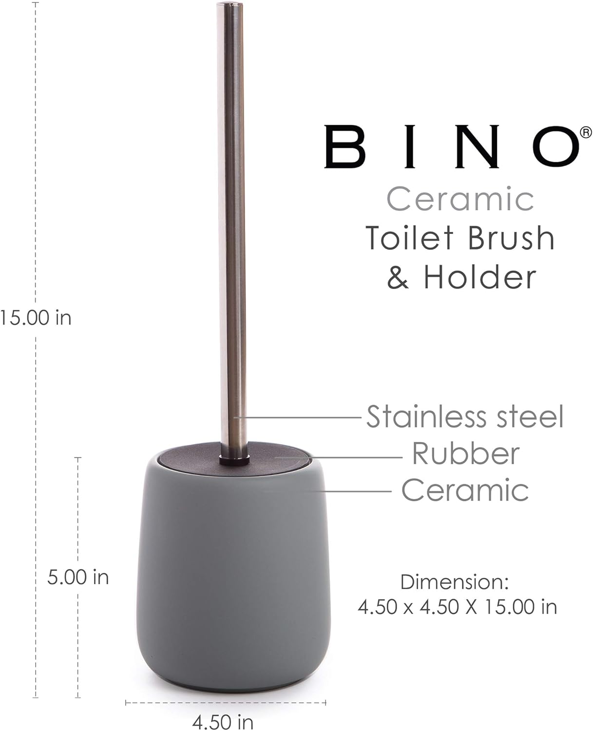 BINO Toilet Brush with Holder - Silicone Coated Ceramic, Light Grey - Bowl Cleaner