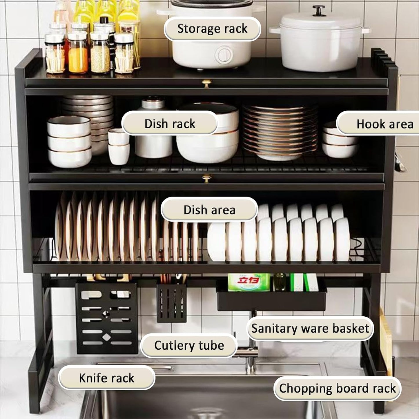 Dish Drying Rack 4 Tiers with Cover, Keep Kitchen Sink Shlef Organized Space-Saving Dish Drying Rack, for Dishes, Glasses, Bowls, Cutlery (black, W-33.5)