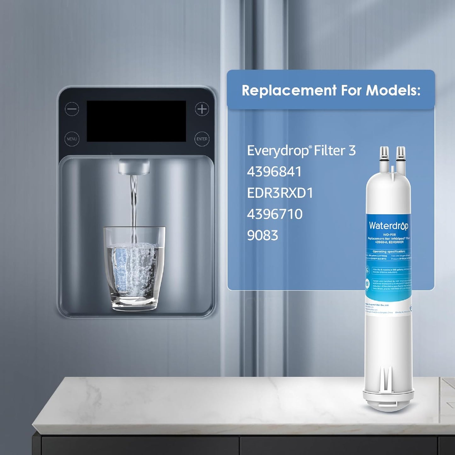 Waterdrop EDR3RXD1 Replacement for Everydrop® Filter 3, 4396841, 4396710, Kenmore® 46-9083, 46-9030, WD-F08 Refrigerator Water Filter, 3 Filters