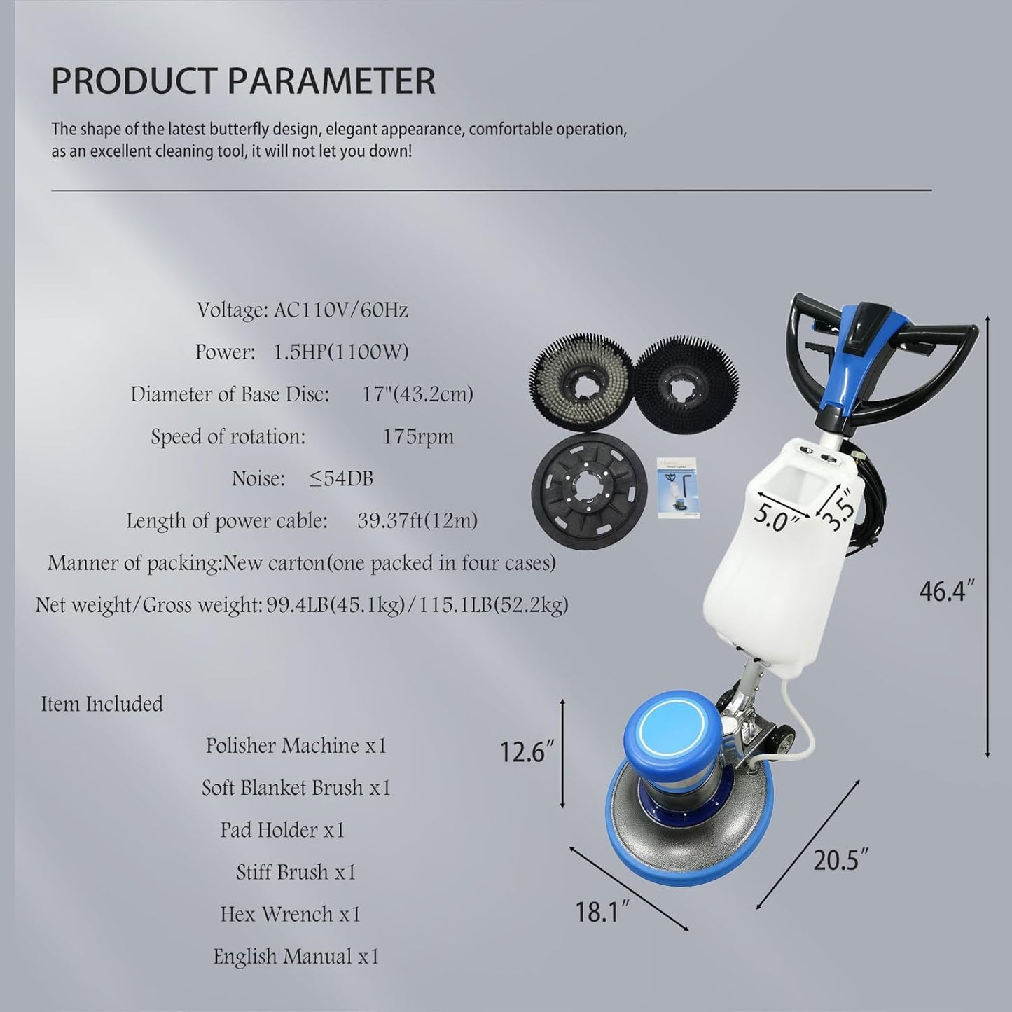 110V Floor Polisher Commercial Floor Scrubber Machine, Carpet Buffer Scrubber with 3.1gal Water Tank and 17" Base 175Rpm 1100W, for Marble/Cement/Epoxy/Rubber Floors/Wood