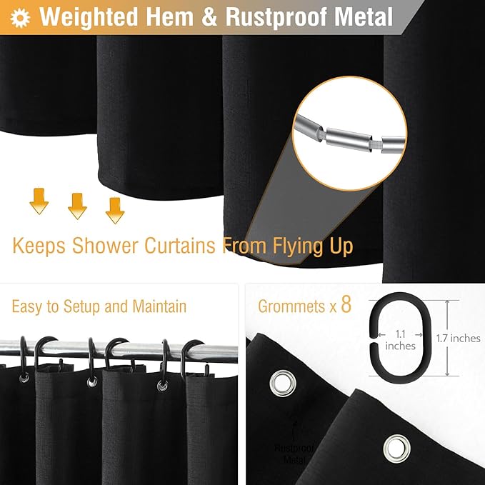 BTTN Fabric Shower Curtain, Linen Textured Heavy Duty Polyester Cloth Shower Curtain Set with Plastic Hooks, Black, 48x72