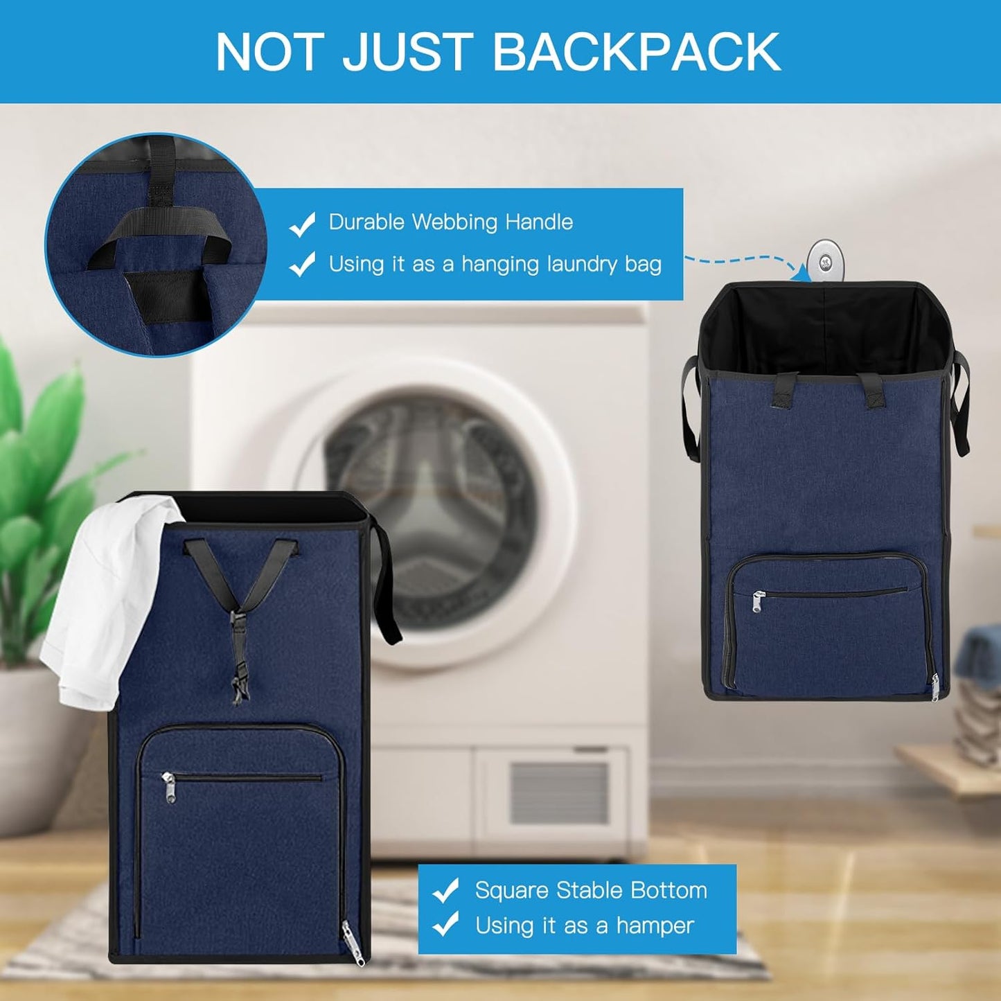Bukere Laundry Basket, Laundry Backpack Bag for Guys Girls Boys, 2 in 1 Laundry Hamper for College Dorm Room Essentials, Adjustable Shoulder Straps, Freestanding Laundry Bag for Laundry Room, RV