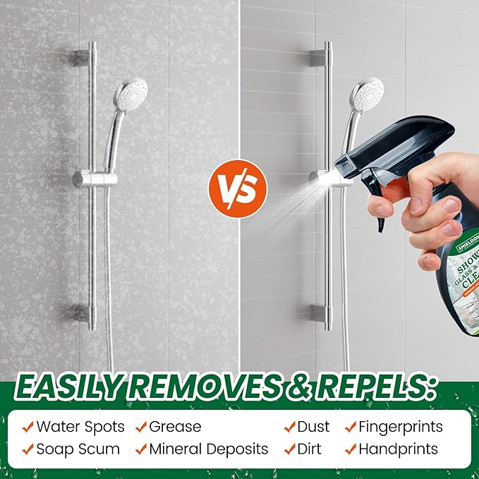 Shower Glass Cleaner, Glass Window & Mirror Cleaning Hard Water Stains Remover Removes Soap Scum/Water Spot/Fingerprint/Dirt with Squeegee & Towel for a Streak-Free Shine 6.8fl oz/200ml