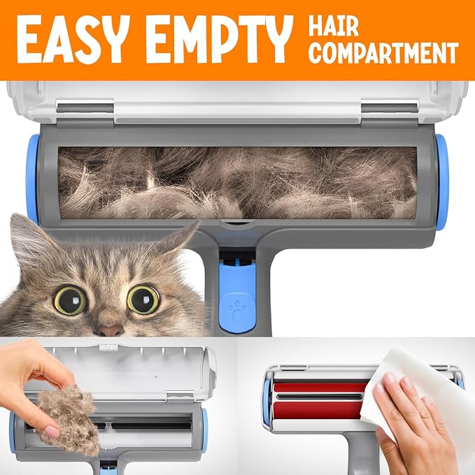 Triton Pet Hair Removal Tool w/Fur Trapping Compartment and Detachable Handle, 60% Smaller Storage Size, Reusable Shedding Roller, Cat and Dog Hair Remover for Car, Furniture, Carpet (Gray/White)