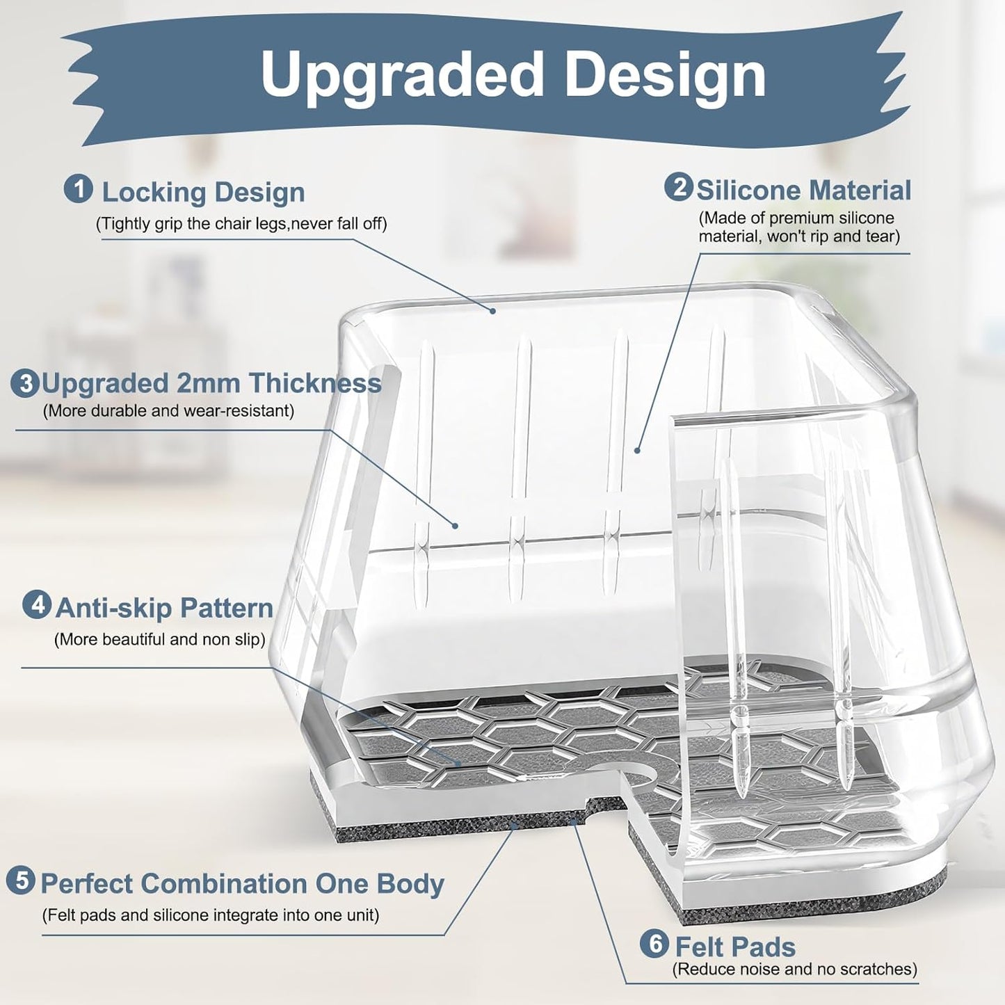 24PCS Square Chair Leg Floor Protectors for Hardwood Floors, Thicken Rubber Chair Leg Cap Covers, Non Slip Furniture Leg Pads to Protect Wood Tile Floors from Scratches and Reduce Noise