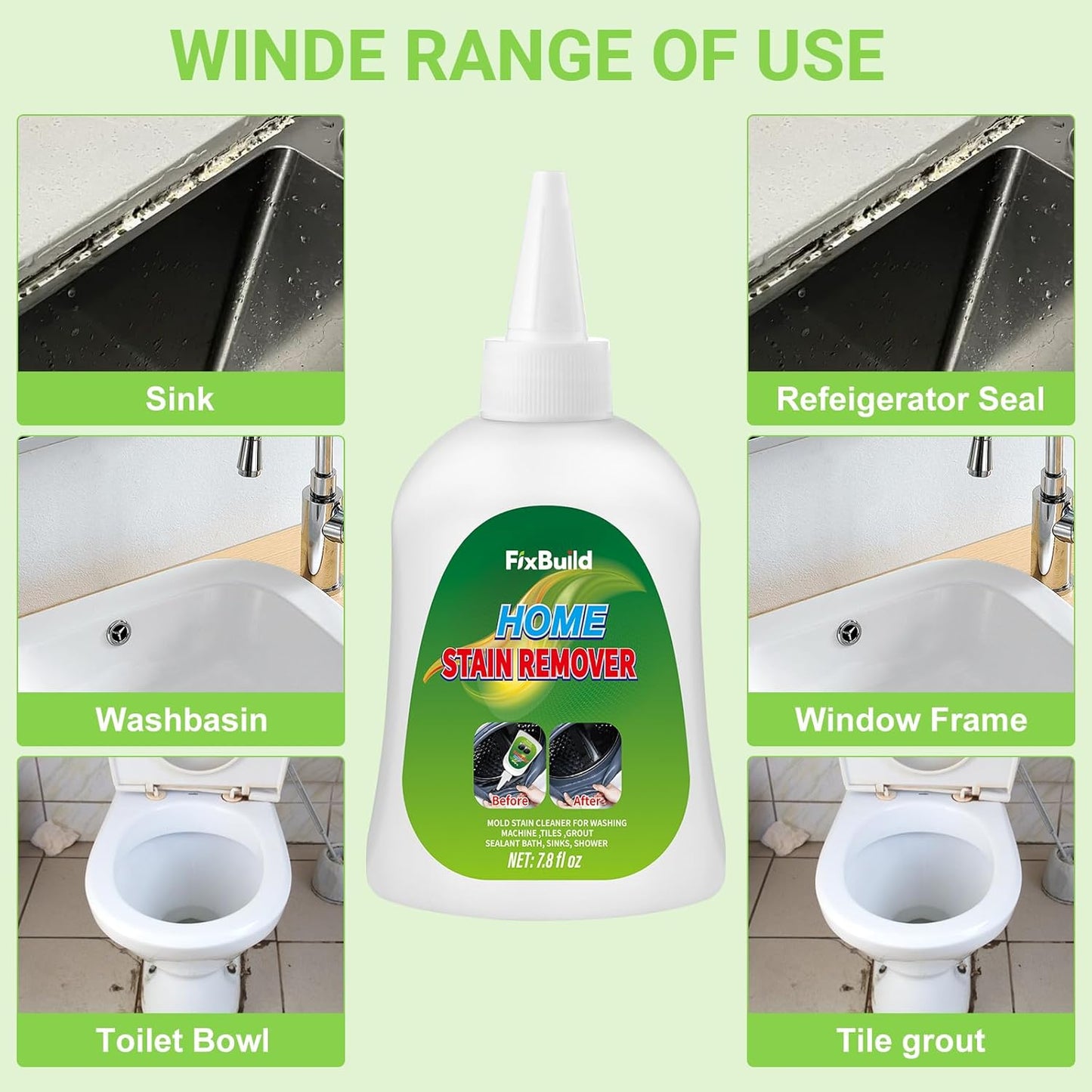 Home Remover Gel, Heavy Duty Stain Cleaner, Multi-Purpose Cleaner Applied to Refrigerator, Washer Rings and Caulk, 7.8 FL OZ