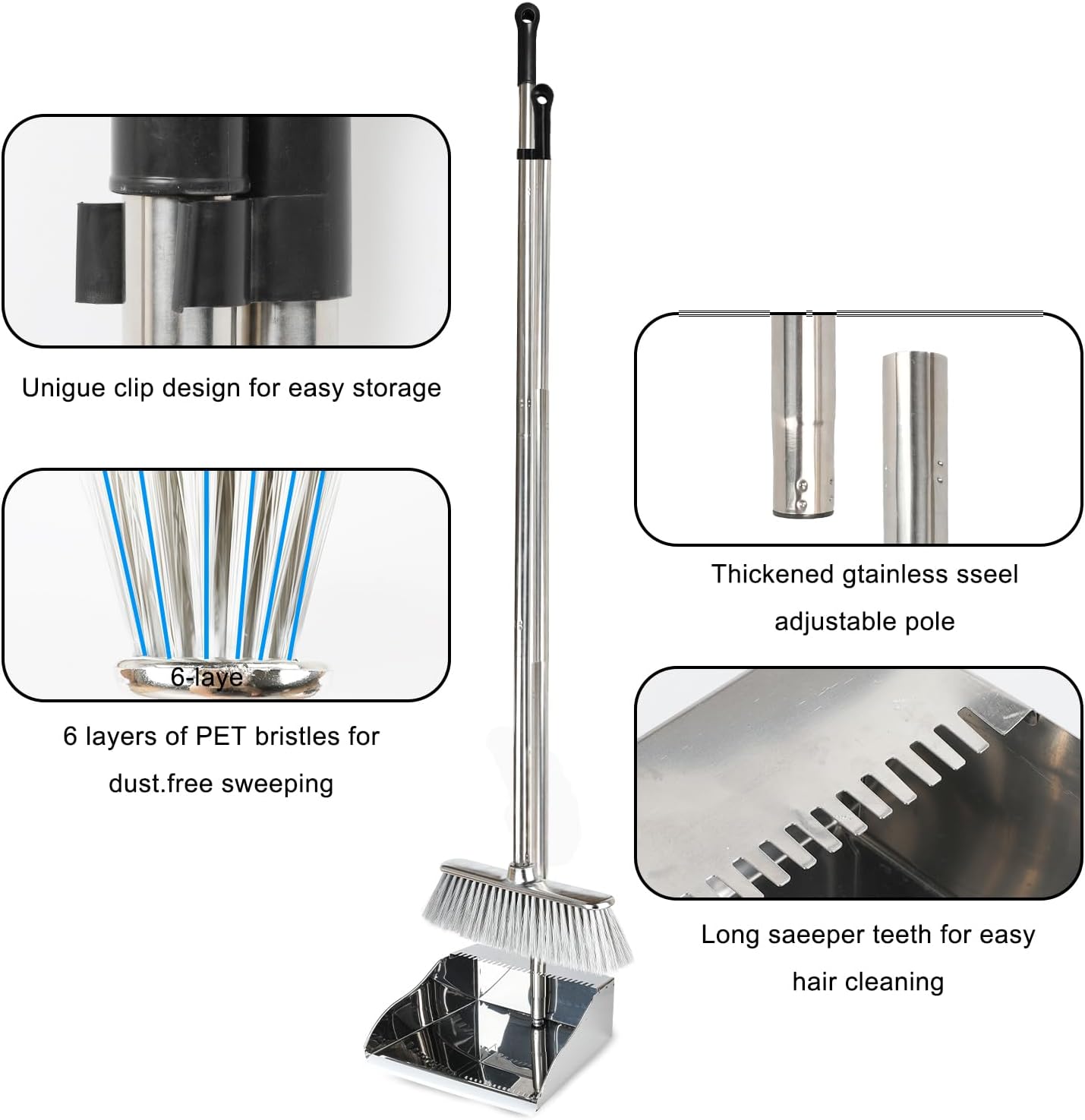 Broom and Dustpan Set,Soft Bristles Indoor Kitchen Broom with Stainless Steel Dustpan ，Metal Dust Pan，Silvery White, Suitable for Ceramic Tiles, Solid Wood, Composite Flooring