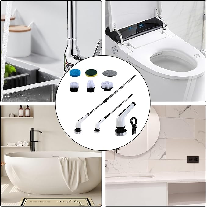 Electric Cleaning Brush, Long Handle Cordless Cleaning Scrubber, Strong Stains Remover, for Bathroom Kitchen Sink Toilet Bathtub Floor Tile Grout Glass Window