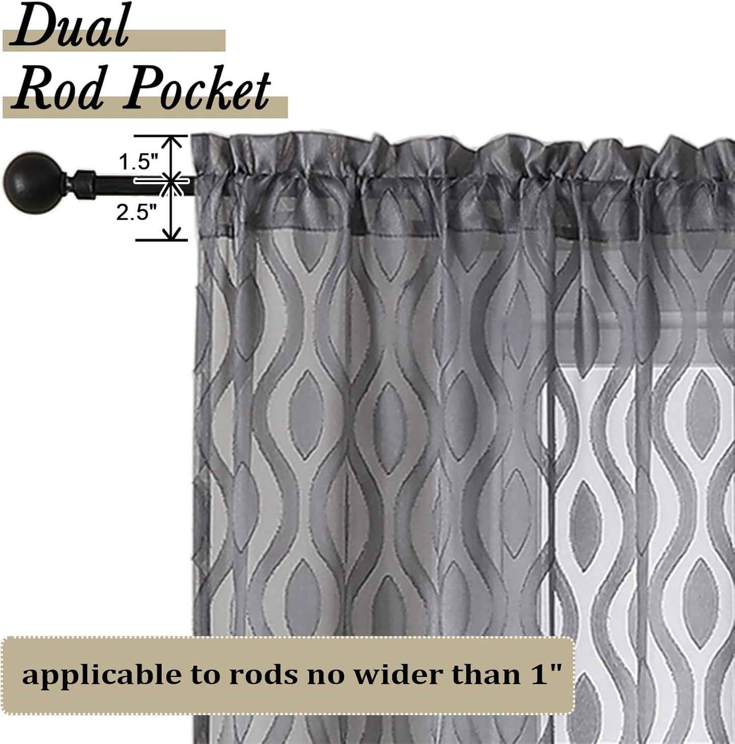 Aiyufeng Charcoal Grey Sheer Curtains 84 Inches Long 2 Panels, Solid Airy Light Filtering Window Treatments for Bedroom Living Room, Modern Wavy Line Rod Pocket Curtains, Total 80 inches Width