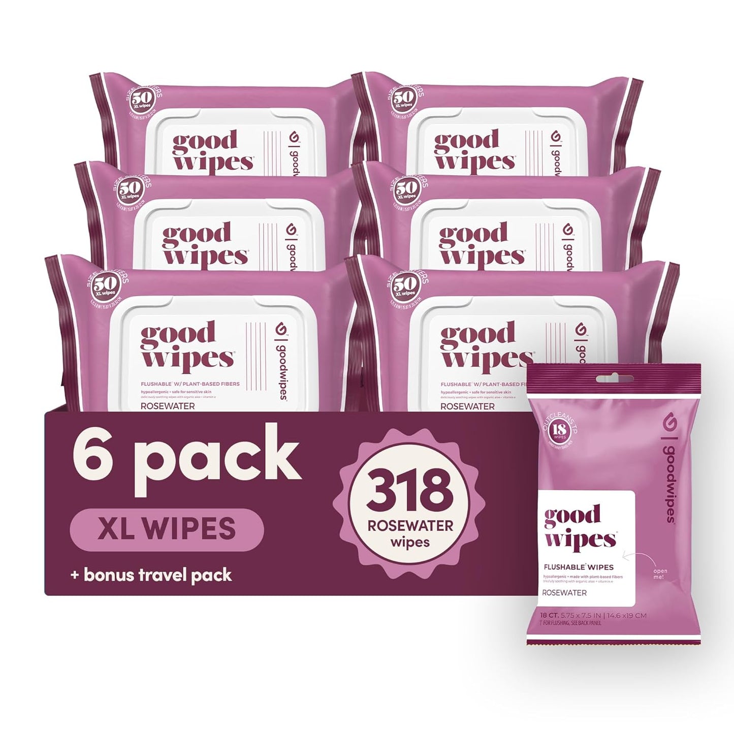goodwipes Flushable Butt Wipes - Vitamin E & Aloe - Sewer & Septic Safe - Extra Large Adult Wet Wipes For Women & Men - Bathroom Essentials - Rosewater, 318 Count (6 Packs + 1 Travel)