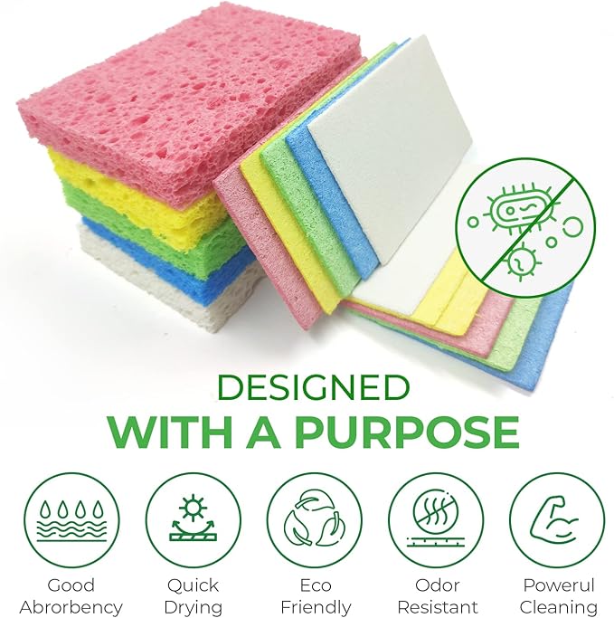 Biodegradable Cellulose Compressed Sponges - Pack of 16 Compostable Kitchen Pop Up Bulk - Non Scratch Multicolor Natural Dish Sponges - Heavy Duty Multipurpose Eco Friendly