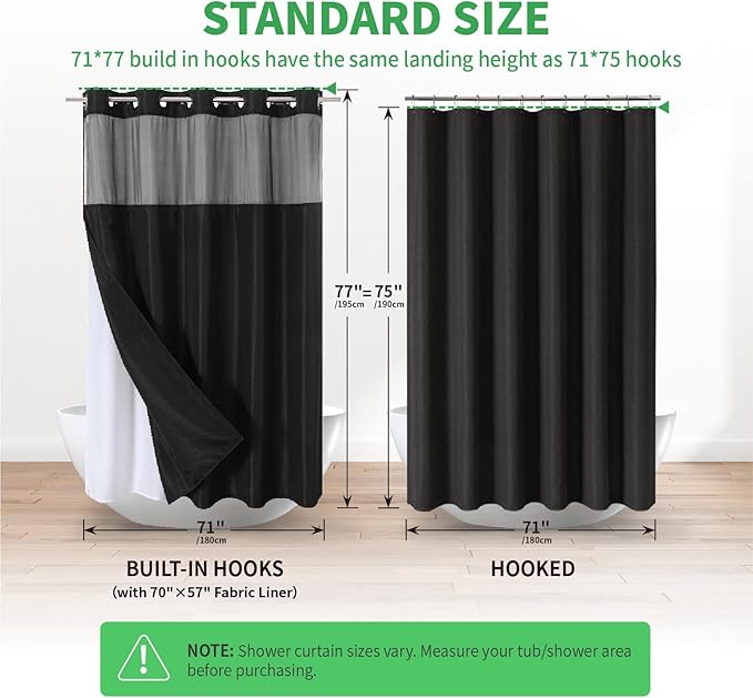 No Hooks Needed Linen Textured Shower Curtain with Snap-in Fabric Liner Set,Black Hotel Luxury Decor Shower Curtains for Bathroom,Waterproof & Washable,71Wx77H