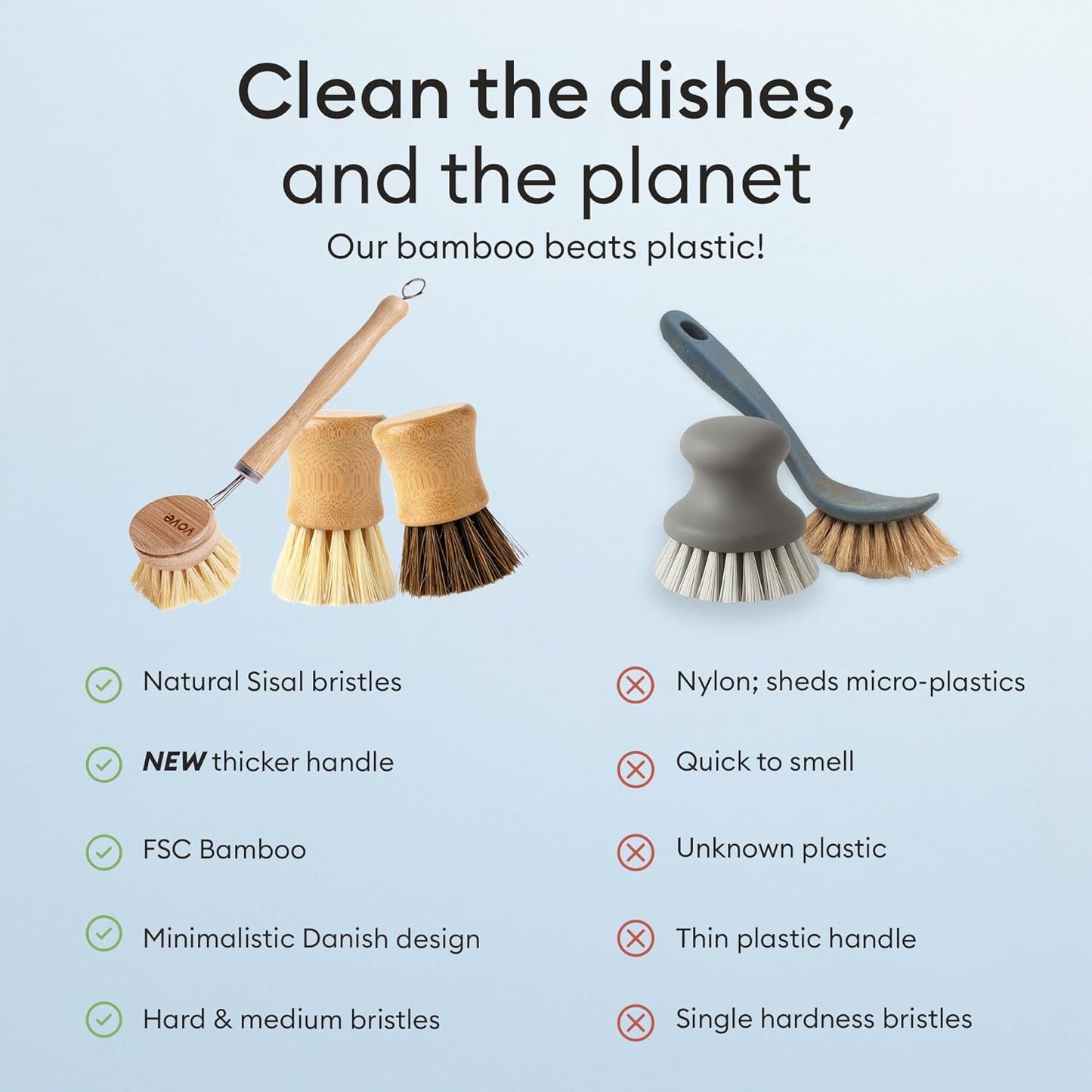 Vove Dish Brush Bundle - FSC-Certified Bamboo Dish Brush & Scrub Brush, 3 Replacement Heads - Natural Fiber Bristles - Non-Toxic, Plastic-Free Kitchen Set