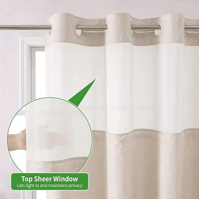 Extra Long No Hooks Needed Linen Textured Shower Curtain with Snap-in Fabric Liner Set,Cream Hotel Luxury Decor Shower Curtains for Bathroom,Waterproof & Washable,71Wx92H