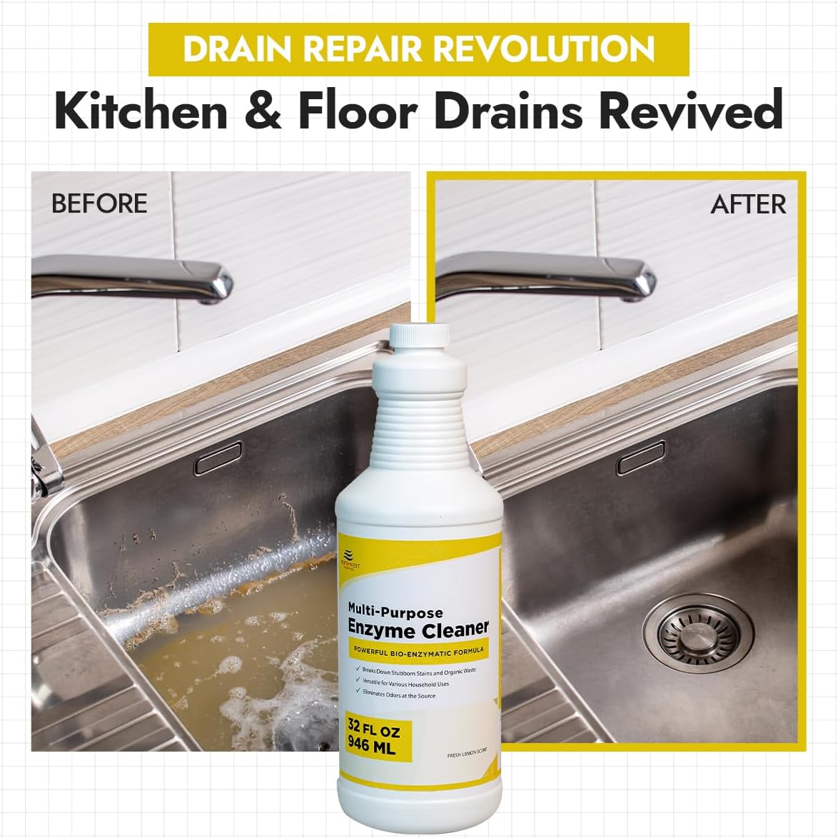 NORTHWEST ENTERPRISES Multi-Purpose Enzyme Cleaner - Household and Commercial Enzyme Cleaner, Fresh Lemon Scent (32 ounces)