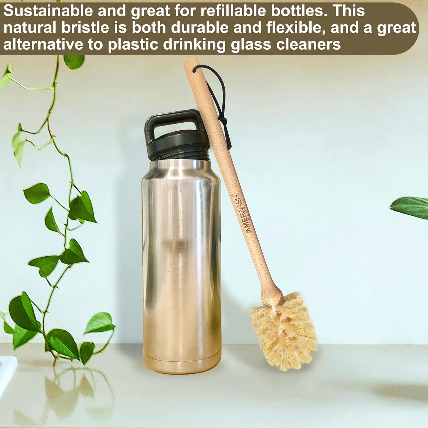 Bottle Brush with Strong Sisal Bristles, 13-3/4 Inch Long Wood Handle Hanging Design Cleaning Brush Cleans and Scrubs Wide Mouth Jars, Glasses, Vases, Mugs and Pitchers