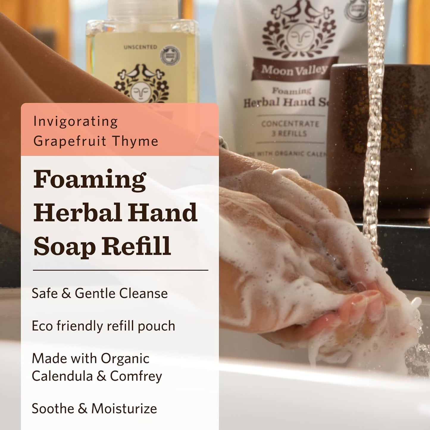 Moon Valley Foaming Hand Soap Refill Pouch, Two-Pack Grapefruit Thyme Soap, Vegan and Non-GMO, Environmentally Friendly Option