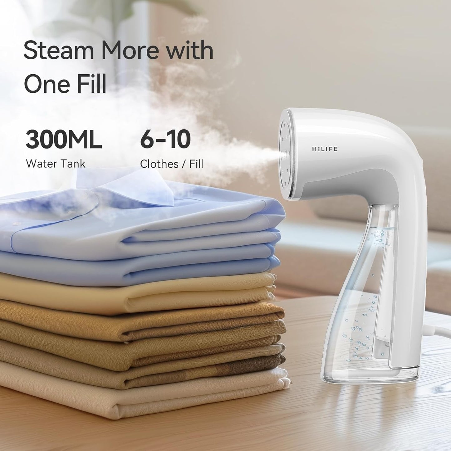 HiLIFE Steamer for Clothes, Handheld Clothes Steamer with Large 300ml Tank, 1100W Strong Power, 30S Fast Heat-up, Garment Fabric Wrinkle Remover, Portable & Compact Travel Size ONLY FOR 120V (White)