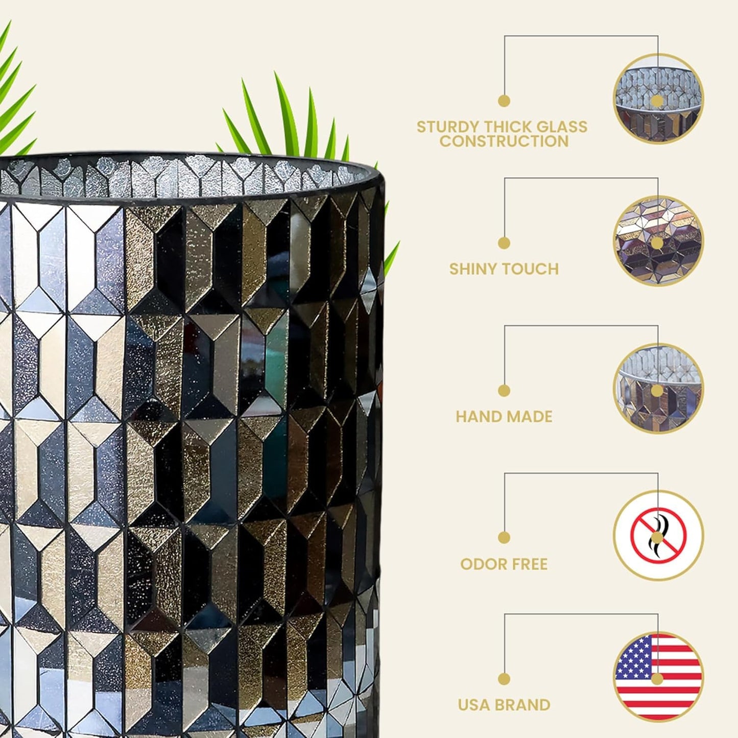 Escenzy Modern Bathroom Trash Can Mosaic Glass 6L | Decorative Small Garbage Can | 8" x 10" | Luxury Waste Basket for Restroom, Office, Bedroom & Kitchen | Shiny Black and Gold Bathroom Accessories