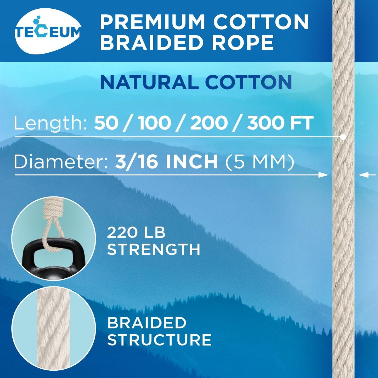 TECEUM Cotton Rope 3/16” (5 mm) – 200 FT – Strong All-Purpose Braided Rope – Natural Cotton – for Crafting, Сamping, Clothes Line, DIY, Indoor & Outdoor Use – Natural