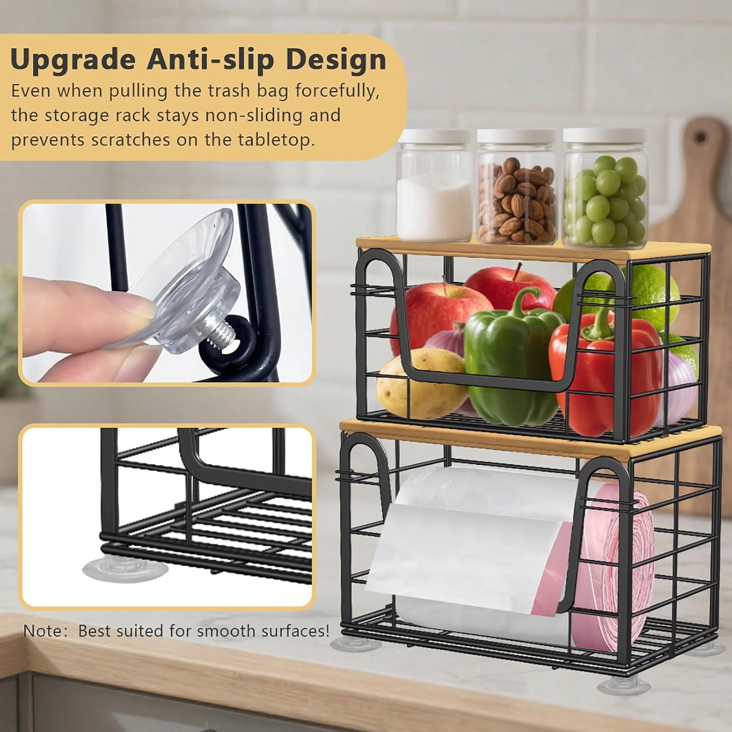 2 Pack Trash Bag Holder - Extra Large Stackable Storage for Kitchen Pantry Laundry Room Organization, Wall Mount Garbage Bag Dispenser with Bamboo Top for Under Sink Organizer, Fits 13/30/33 Gallons