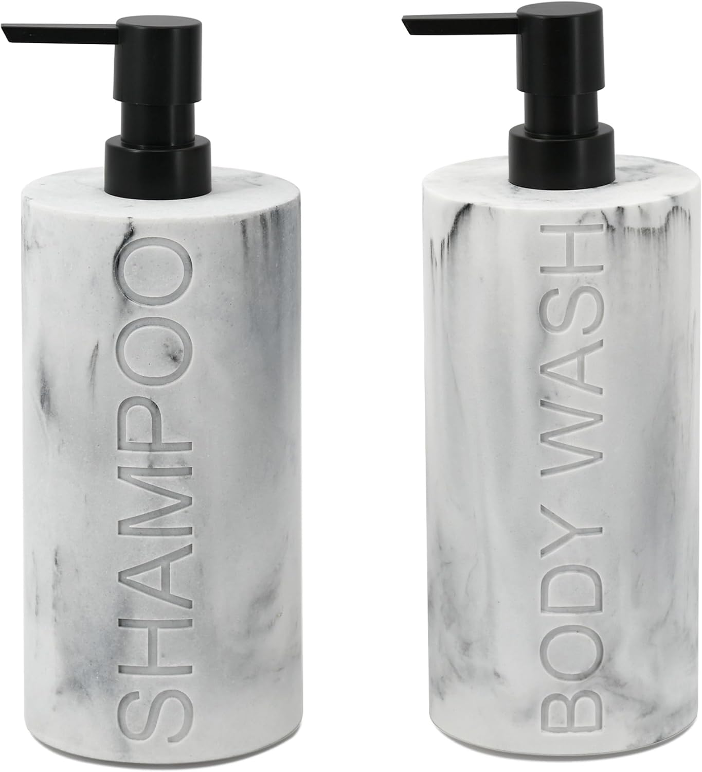 Marble Resin 2 Piece Shampoo and Body Wash Dispenser Set, Luxurious Refillable Pump Bottles with Matte Pump Top and Embossed Text, Durable Design for Bathroom and Shower