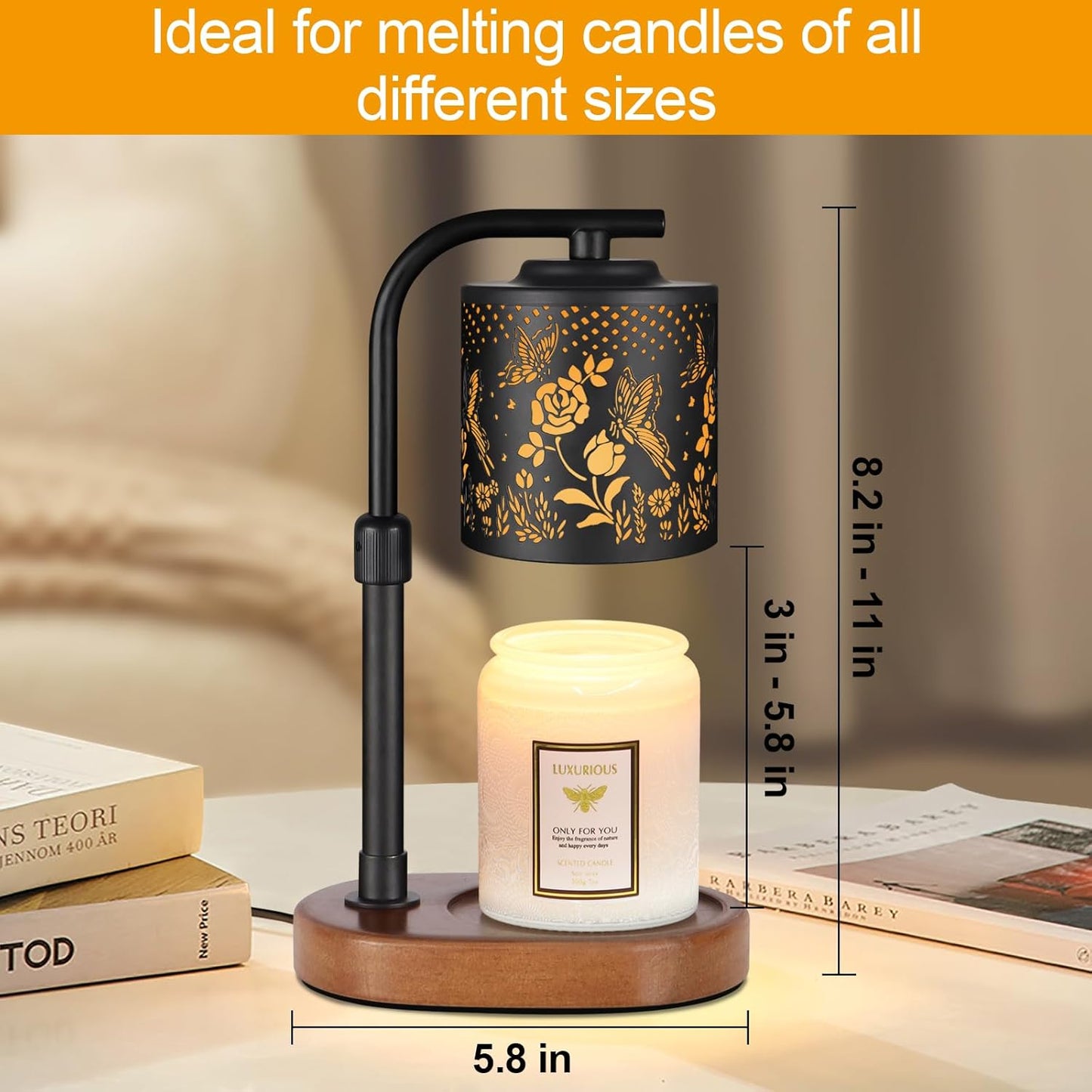 Candle Warmer Lamp with Timer,Birthday Gifts for Women Mom,Adjustable Height for Scented Jar Candles,Electric Candle Lamp Warmer for Home Decor(Butterfly Roses)