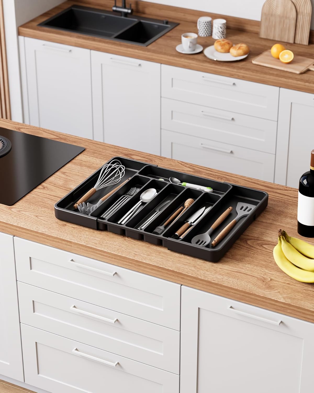 Kitsure Cutlery Drawer Organiser for Kitchen - Adjustable Cutlery Tray for Effortless Utensil Sorting, Versatile Kitchen Storage & Organisation Solution, 13.70" x 1.54" x 10.94"~20.08", Black