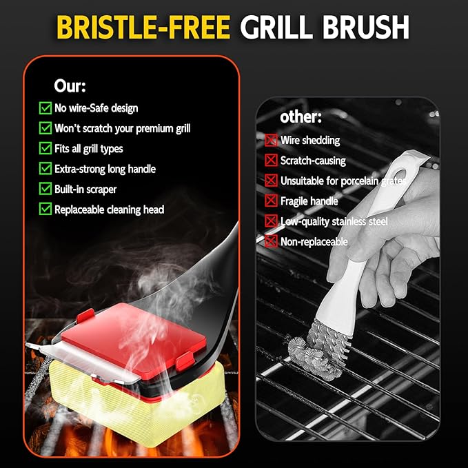 Bristle Free Grill Brush with Scraper, 4 Replaceable Cleaning Head BBQ Grill Cleaning Brush, Dishwasher-Safe Grill Cleaner Tool for Gas,Charcoal,Ceramic,Cast Iron & Stainless-Steel Grates