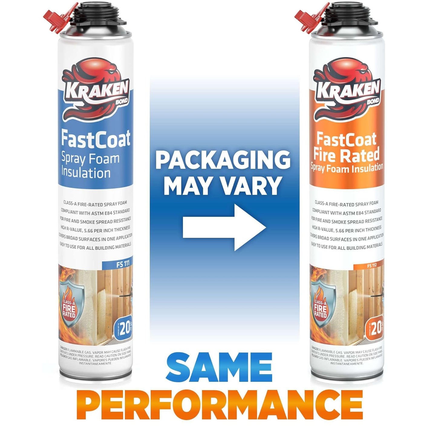Kraken Bond Fastcoat Fire Rated Spray Foam Insulation (48x27.1 oz.) (R-Value 11.32 / 2in) Closed Cell Expanding Foam - Heat and Acoustic Insulation, 1 Gun & 4 Cleaner Included, 960 Board Ft, 48 Pack