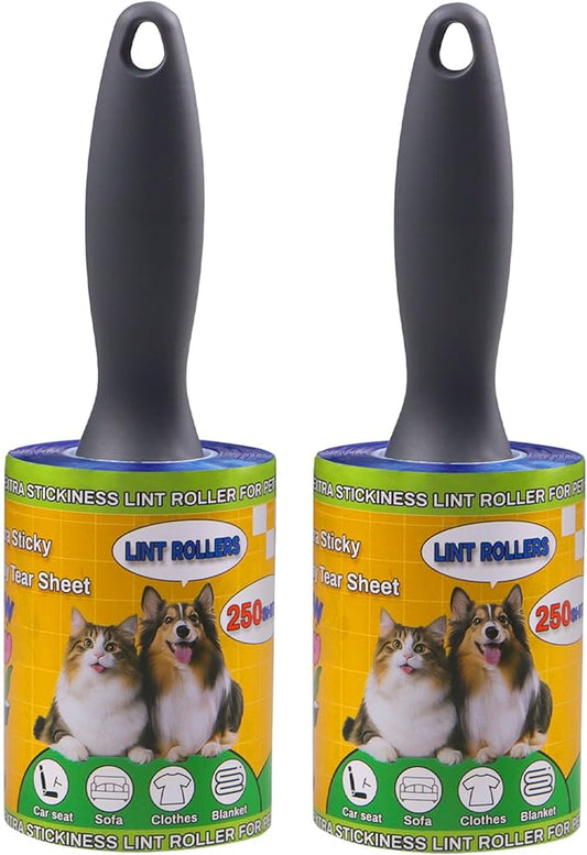Lint Rollers Pet Hair Value Pack of 500 Sheets, Extra Sticky Lint Remover for Dog & Cat Fur, Clothes, Furniture, Couches Reusable Rollers for Fuzz, Fluff & Hair (Blue, 2 Count / 500 Sheets)